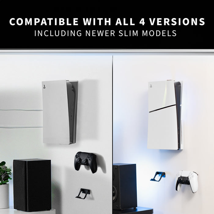 Gaming console and accessories on a white background with text indicating compatibility.
