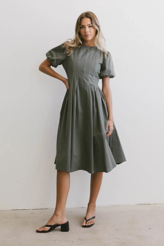 Eliana Pleated Midi Dress in Sage - FINAL SALE