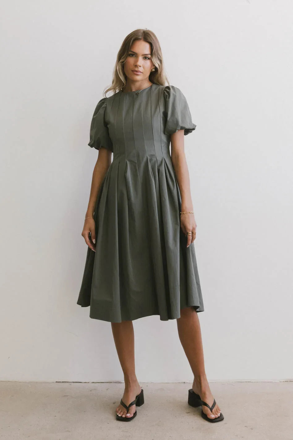 Eliana Pleated Midi Dress in Sage - FINAL SALE