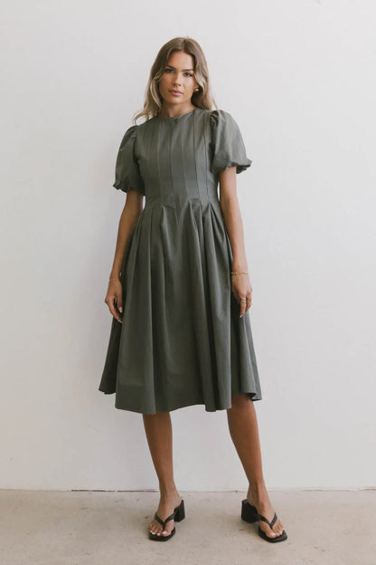 Eliana Pleated Midi Dress in Sage - FINAL SALE