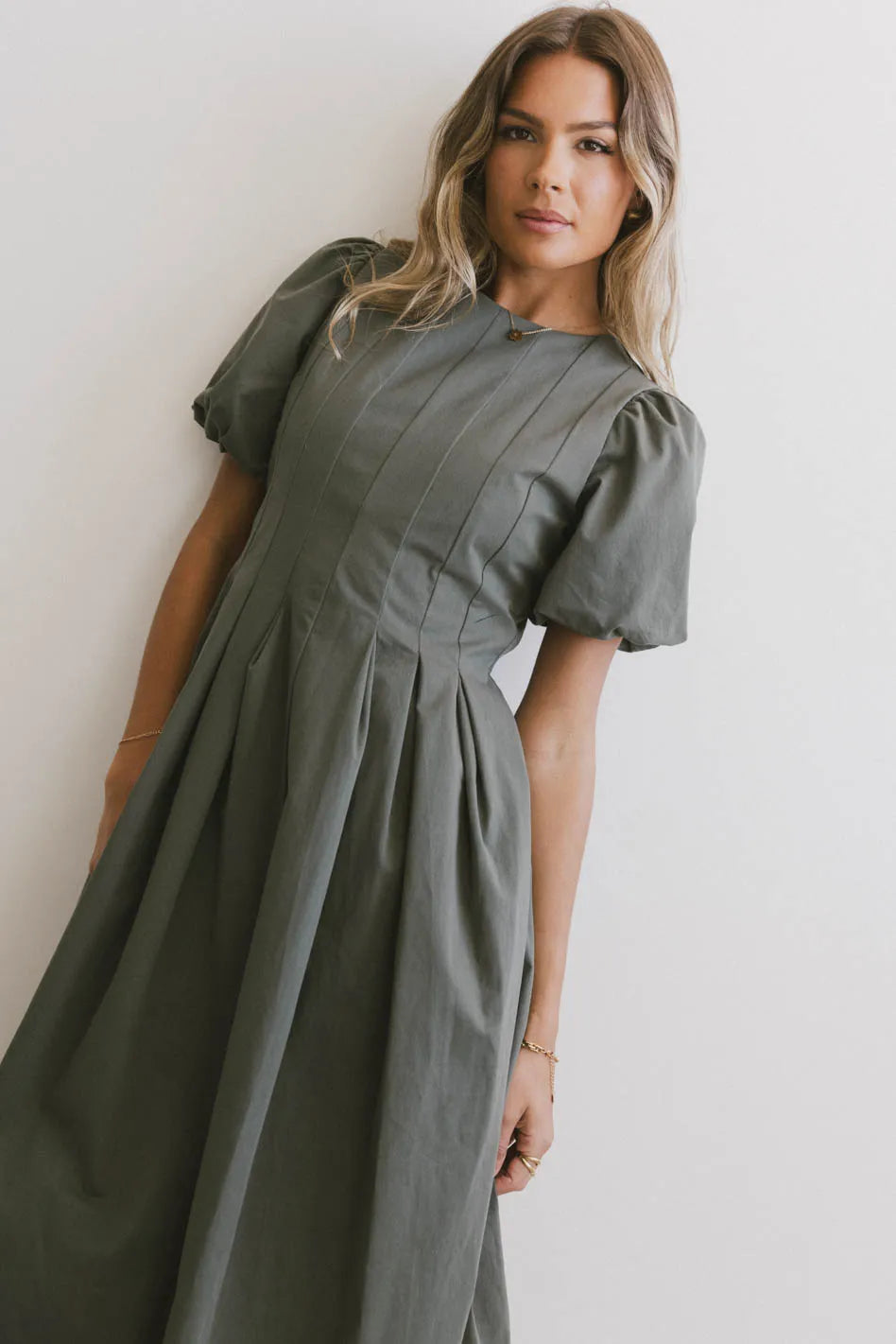 Eliana Pleated Midi Dress in Sage - FINAL SALE