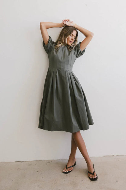 Eliana Pleated Midi Dress in Sage - FINAL SALE