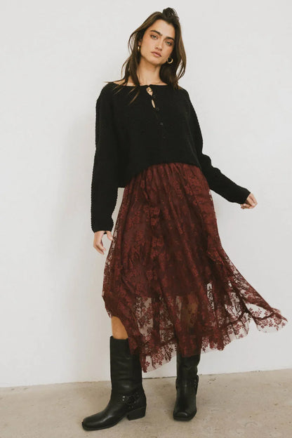 Elsie Lace Midi Skirt in Red-Brown - FINAL SALE