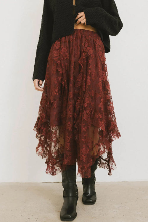 Elsie Lace Midi Skirt in Red-Brown - FINAL SALE