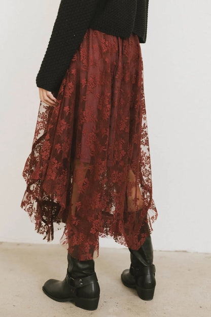 Elsie Lace Midi Skirt in Red-Brown - FINAL SALE