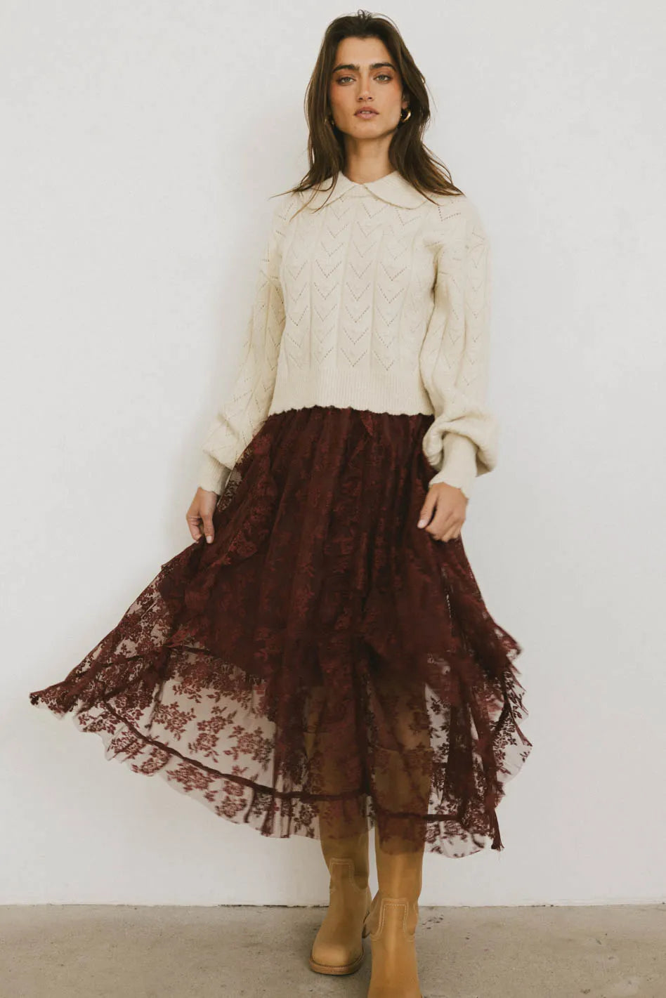 Elsie Lace Midi Skirt in Red-Brown - FINAL SALE