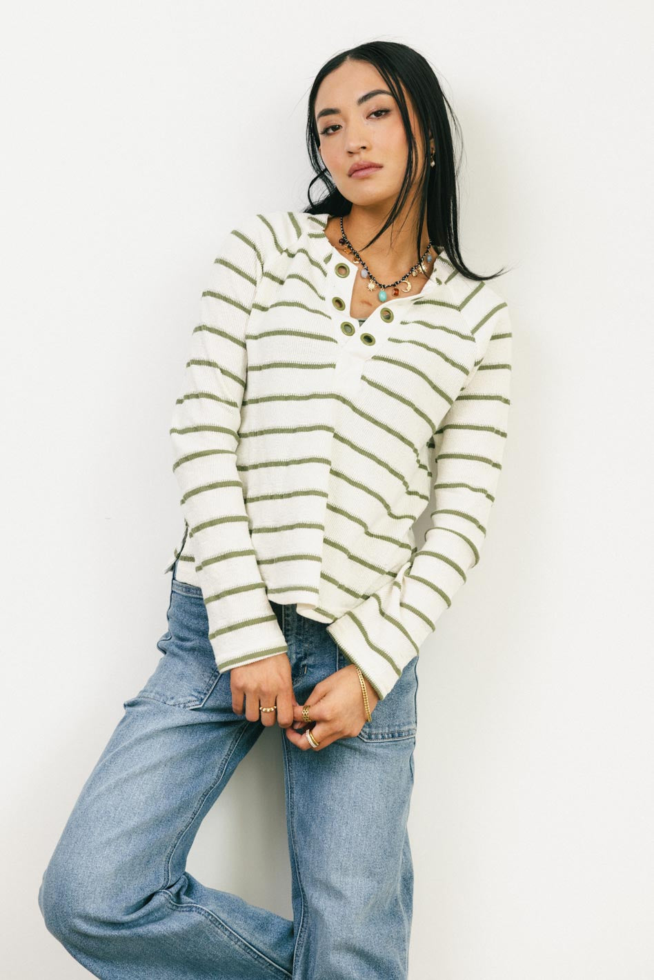 Franny Striped Grommet Top in Olive - FINAL SALE