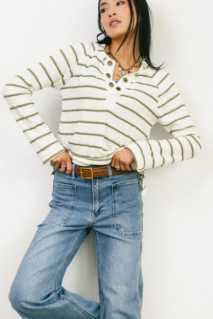 Franny Striped Grommet Top in Olive - FINAL SALE