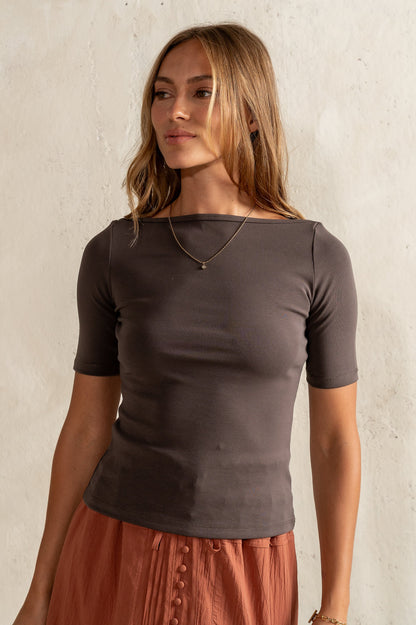 Blair Boat Neck Top in Charcoal