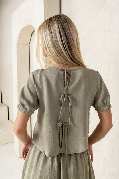 Elani Tie Blouse in Olive - FINAL SALE