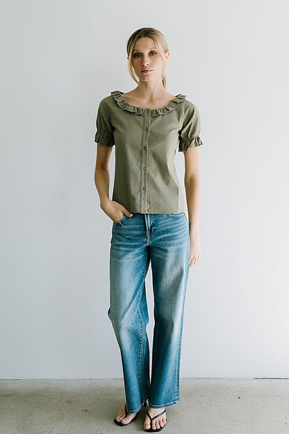 Connie Ruffle Blouse in Olive - FINAL SALE