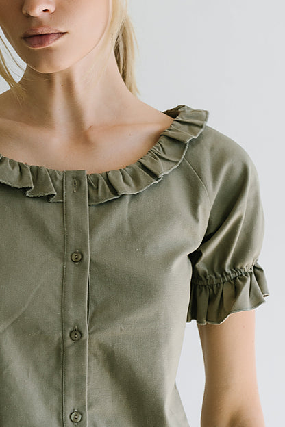 Connie Ruffle Blouse in Olive - FINAL SALE