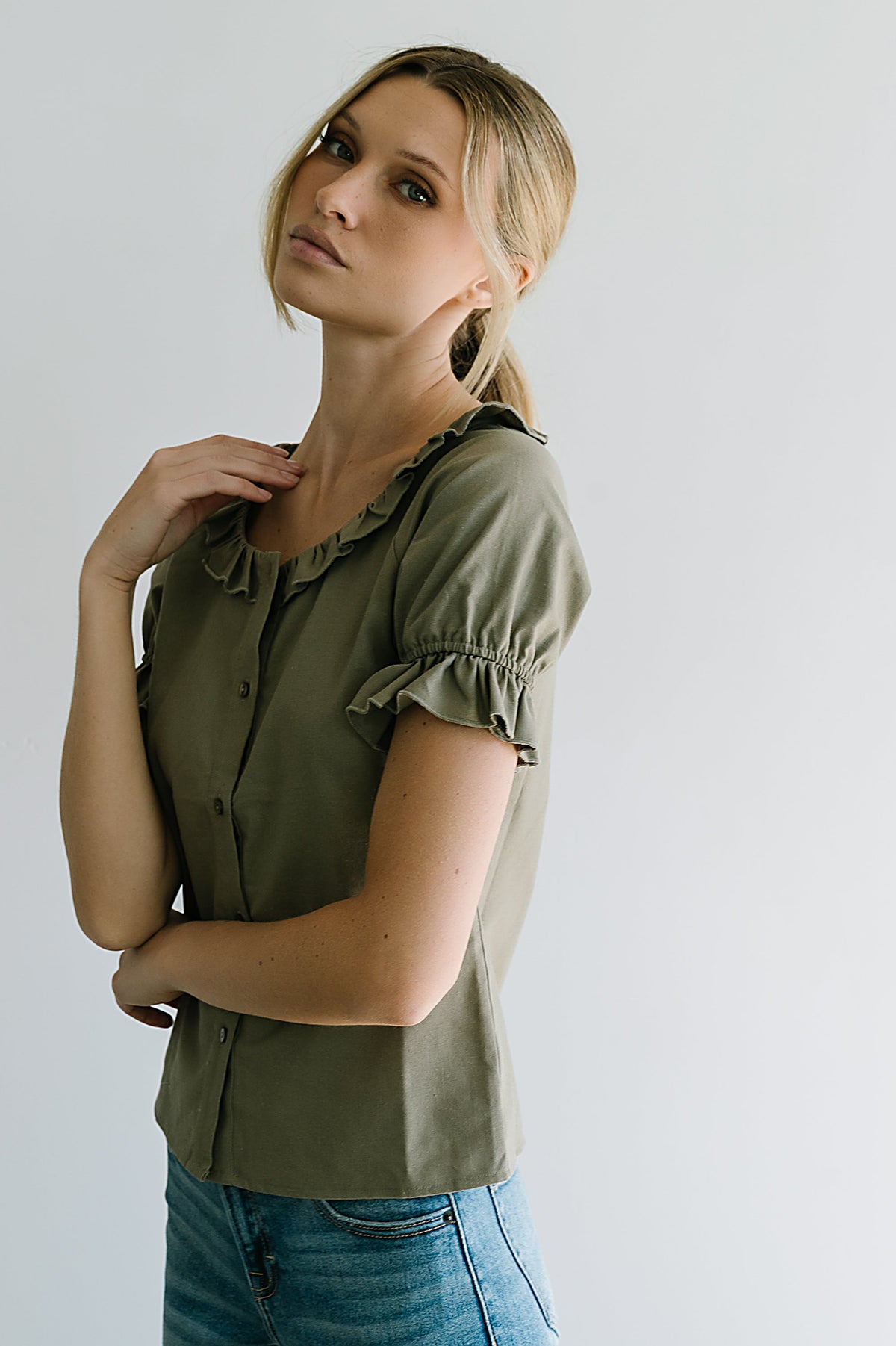 Connie Ruffle Blouse in Olive - FINAL SALE