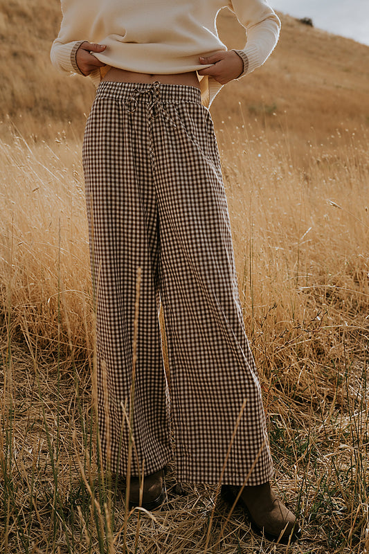 Ada Gingham Wide Leg Pants in Brown - FINAL SALE