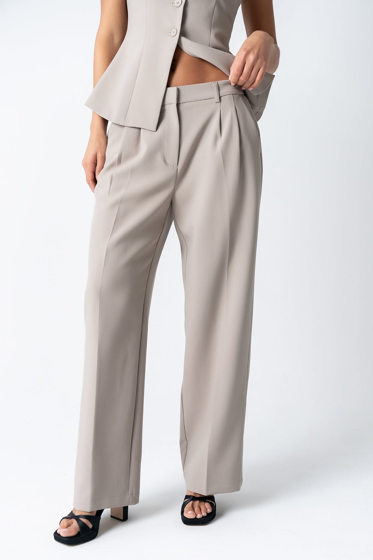 Carrie Pleated Trousers in Long Taupe