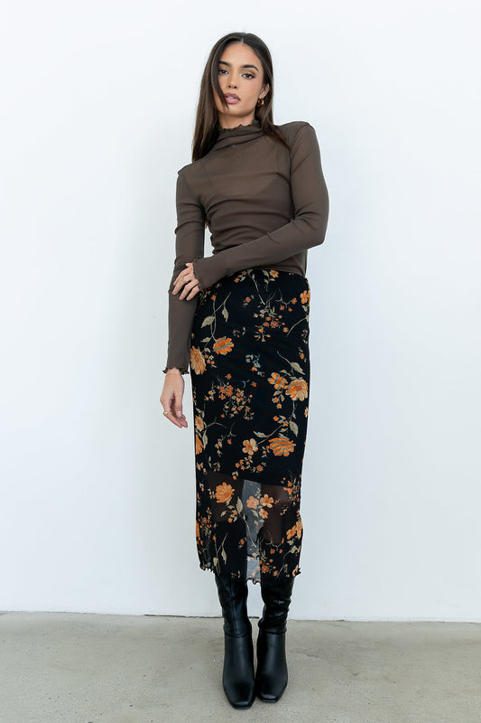 Carly Mesh Midi Skirt in Black