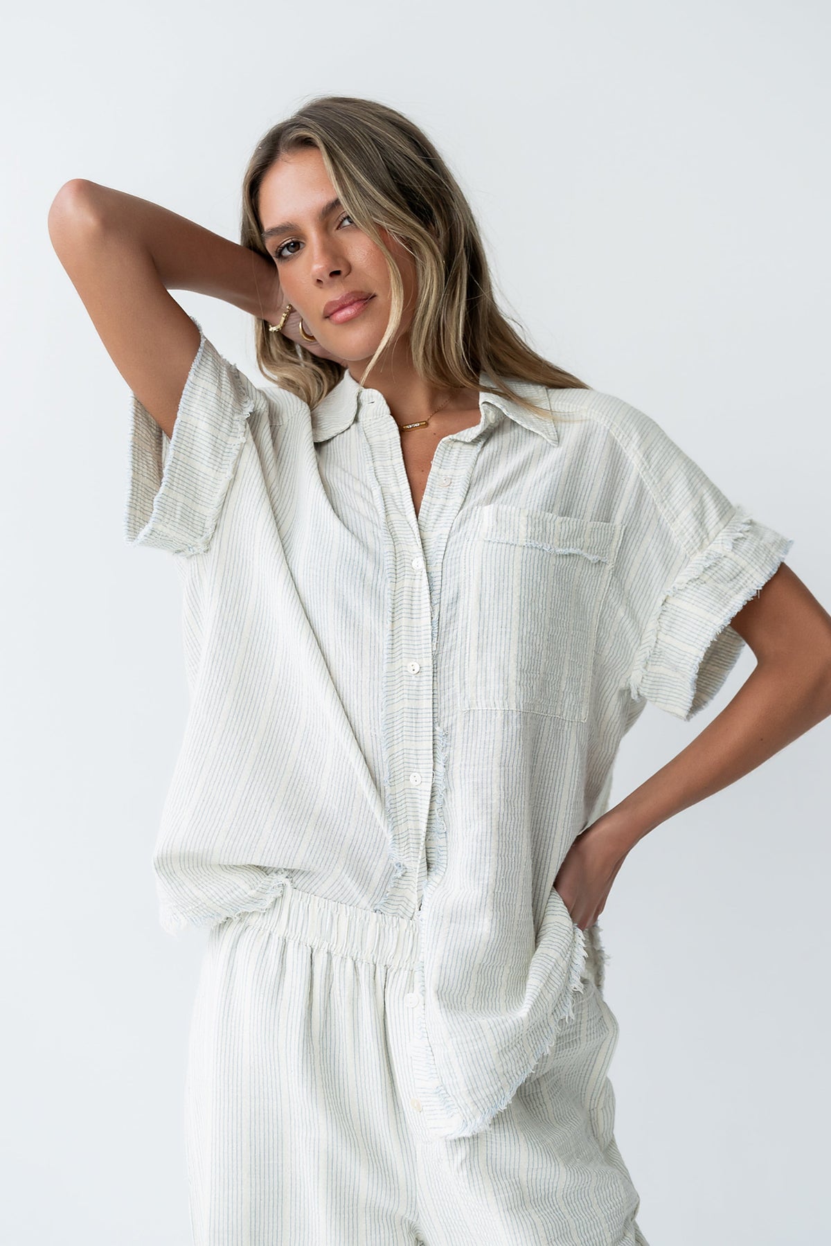 Belen Striped Button Up in Denim Blue - FINAL SALE