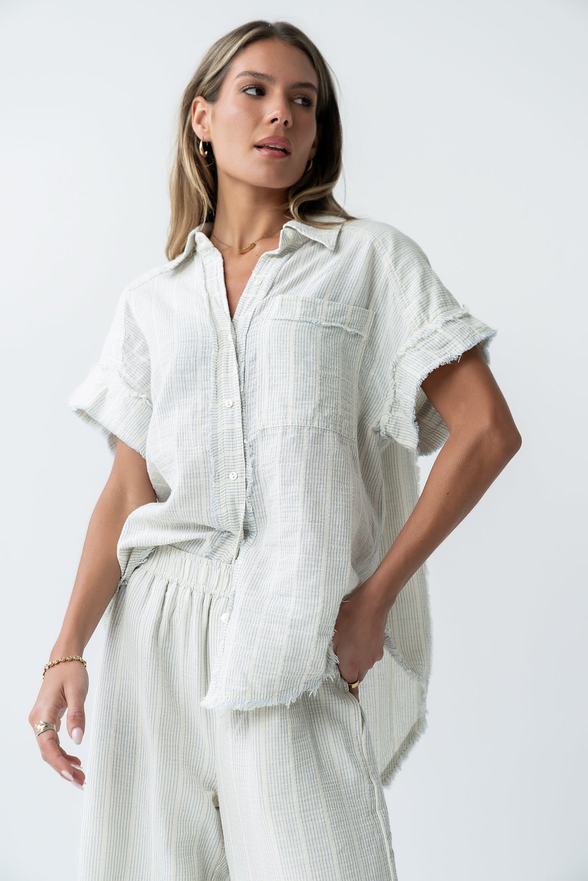 Belen Striped Button Up in Denim Blue - FINAL SALE