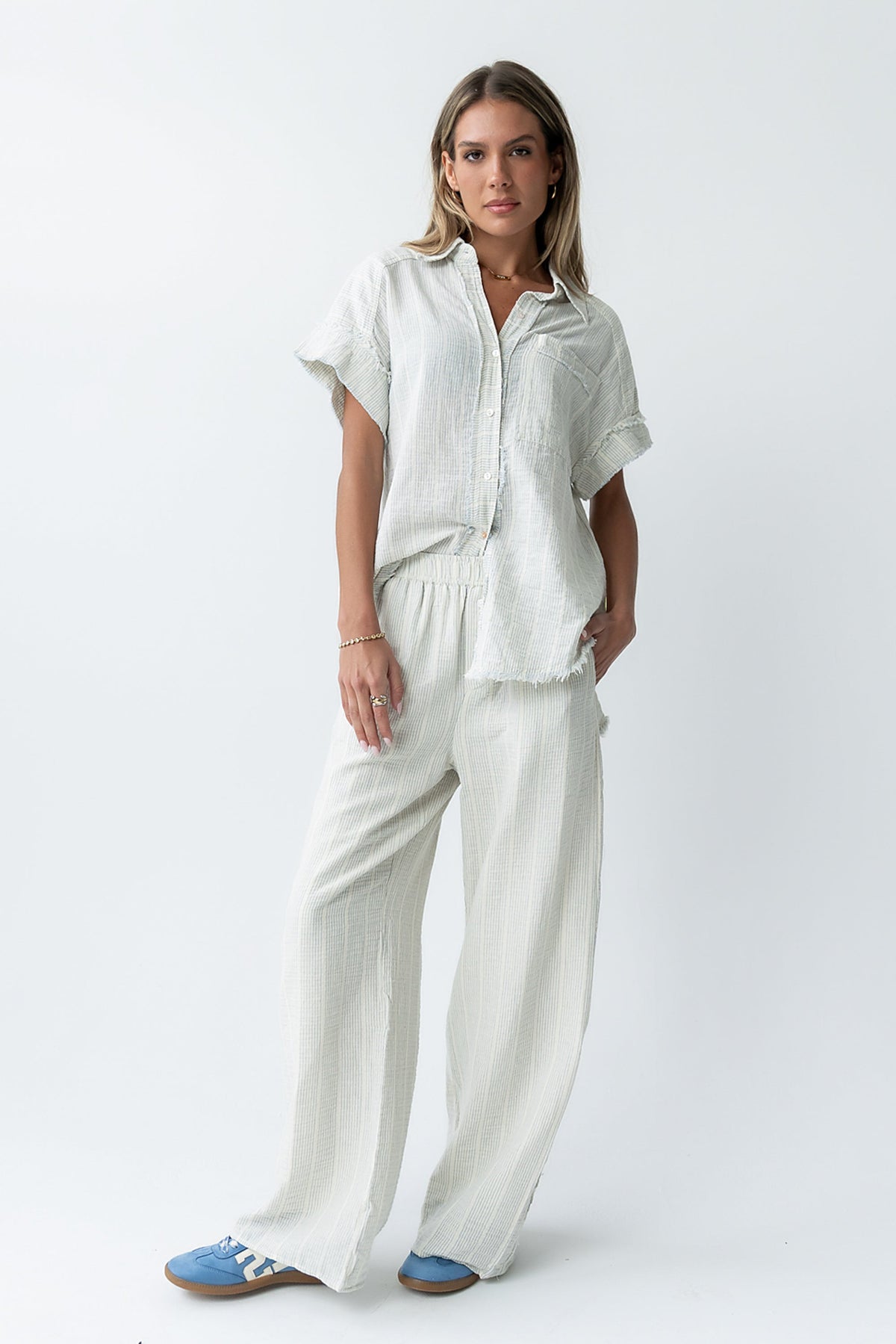Belen Striped Button Up in Denim Blue - FINAL SALE