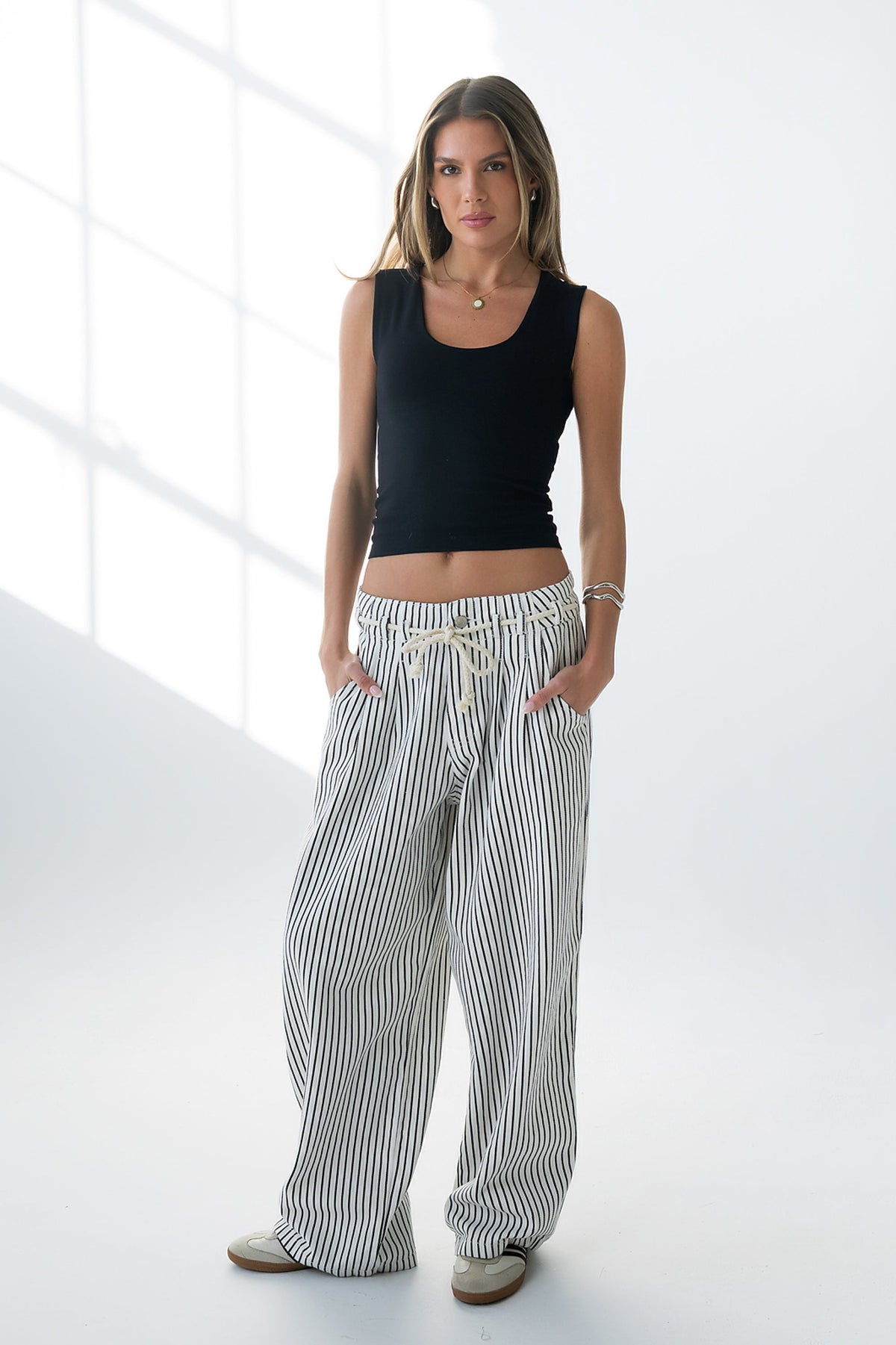 Becky Striped Wide Leg Jeans in White