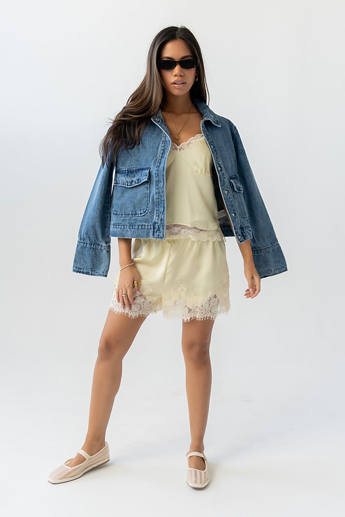 Bricelyn Lace Trim Satin Top in Yellow
