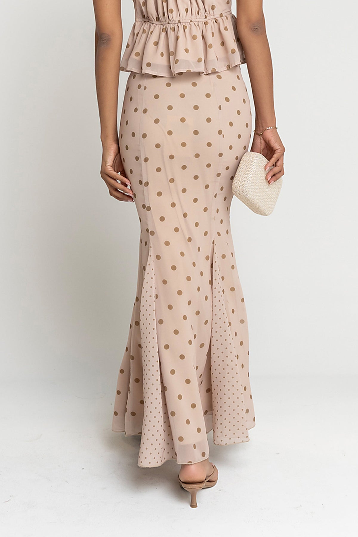 Freida Polka Dot Maxi Skirt in Taupe