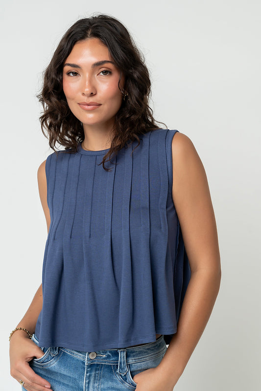 Alice Pintuck Top in Navy