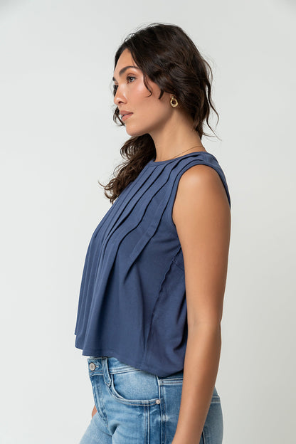 Alice Pintuck Top in Navy