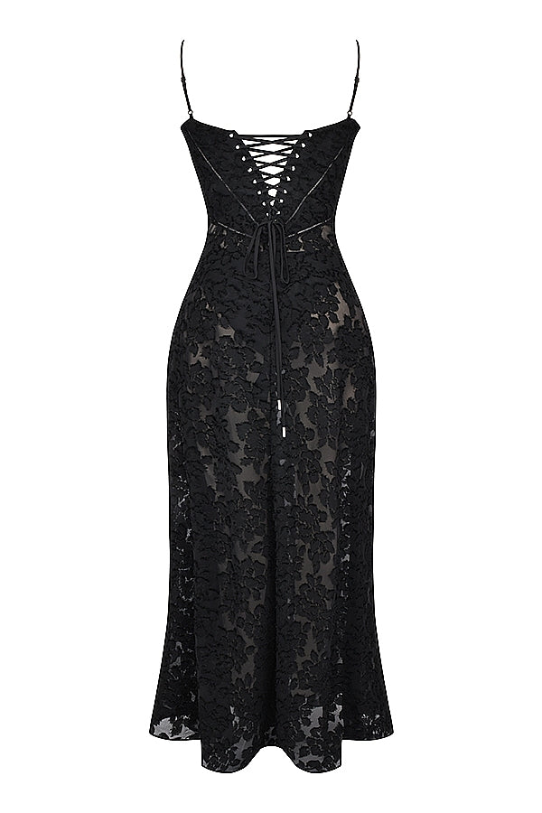 black floral lace back maxi dress
