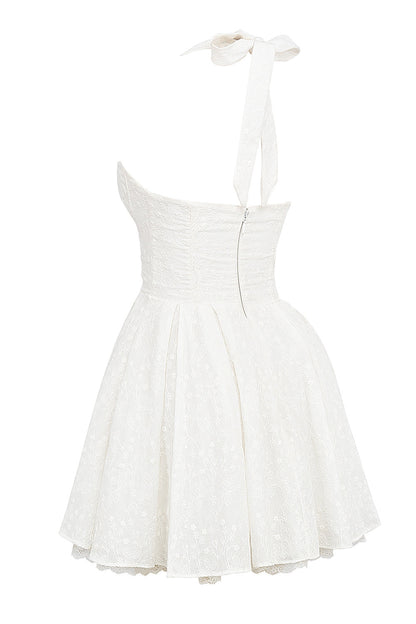 white broderie anglais halter mini dress