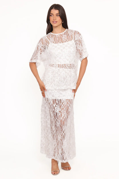 Yonder Sheer Lace Tee Top - White