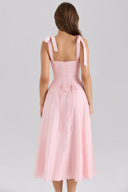 pink chiffon tie strap midi dress