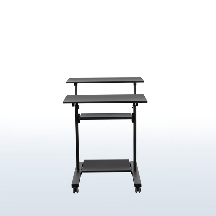 A height adjustable mobile stand-up desk that is perfect for use at the office, home, showroom, and classroom, and provides ample room for typing, writing, and storing.
