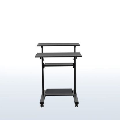 A height adjustable mobile stand-up desk that is perfect for use at the office, home, showroom, and classroom, and provides ample room for typing, writing, and storing.