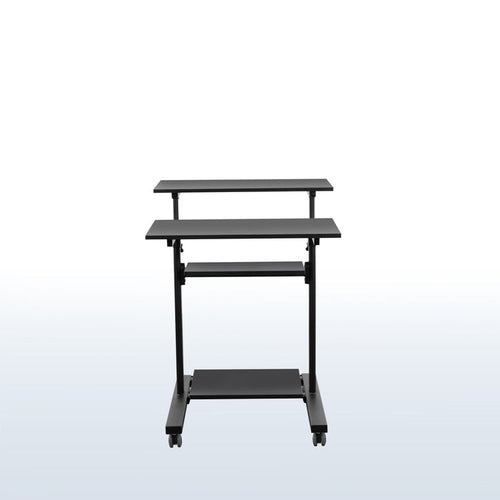 A height adjustable mobile stand-up desk that is perfect for use at the office, home, showroom, and classroom, and provides ample room for typing, writing, and storing.