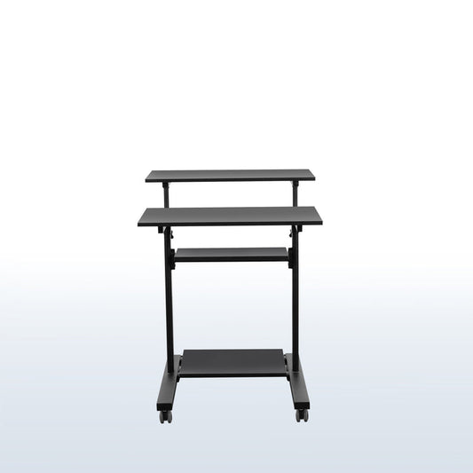 A height adjustable mobile stand-up desk that is perfect for use at the office, home, showroom, and classroom, and provides ample room for typing, writing, and storing.