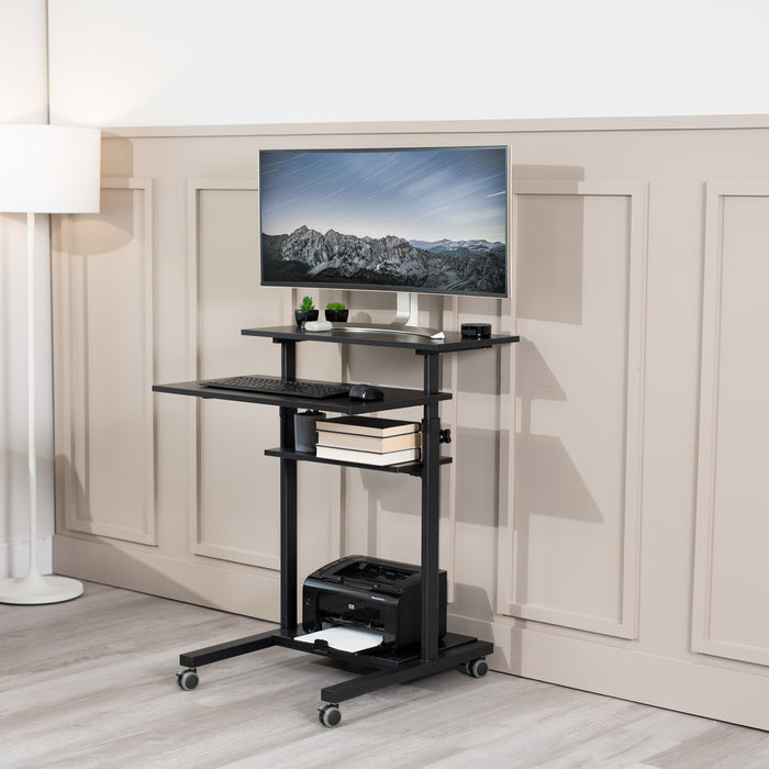 A height adjustable mobile stand-up desk that is perfect for use at the office, home, showroom, and classroom, and provides ample room for typing, writing, and storing.