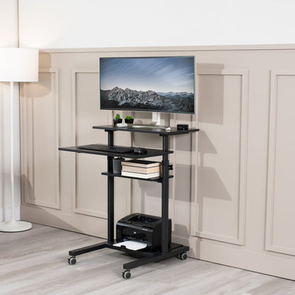 A height adjustable mobile stand-up desk that is perfect for use at the office, home, showroom, and classroom, and provides ample room for typing, writing, and storing.
