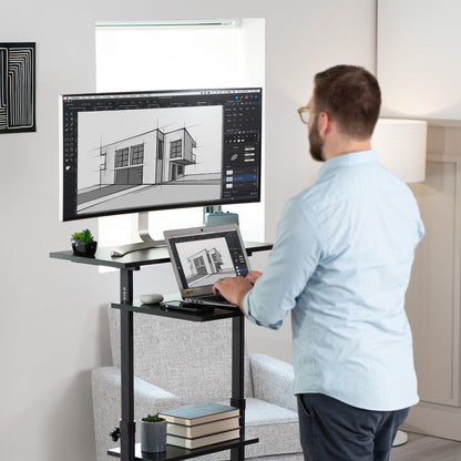 A height adjustable mobile stand-up desk that is perfect for use at the office, home, showroom, and classroom, and provides ample room for typing, writing, and storing.