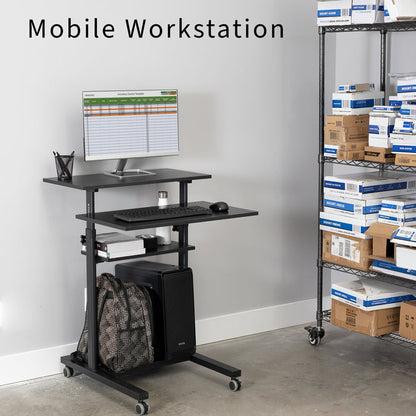 A height adjustable mobile stand-up desk that is perfect for use at the office, home, showroom, and classroom, and provides ample room for typing, writing, and storing.