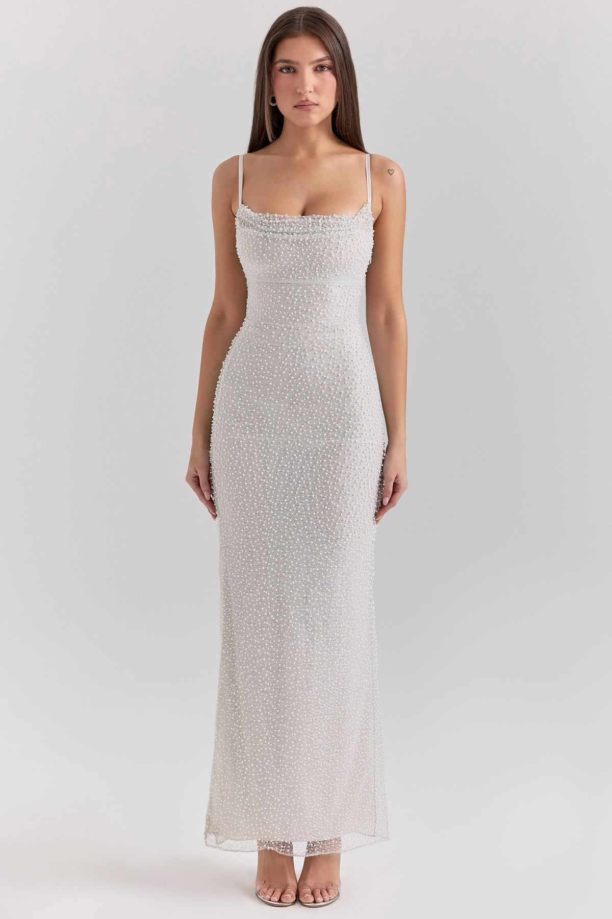 silver pearl embellished maxi dress