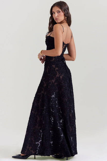 black floral lace back maxi dress
