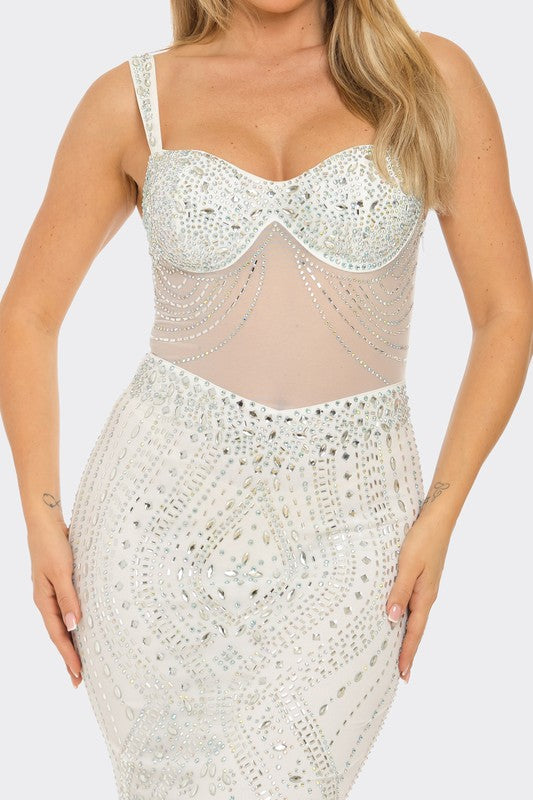 Crystal Cascade Rhinestone Gown- White