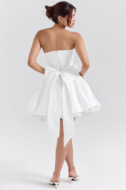 white satin strapless bow mini gown