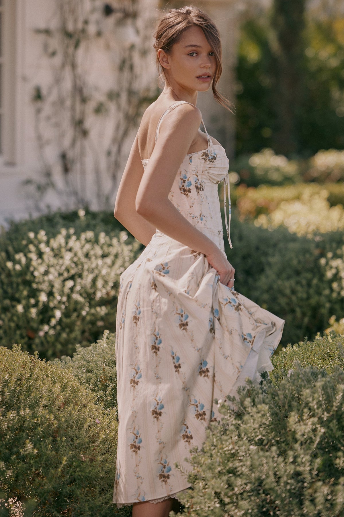 cream floral print cotton corset midi dress