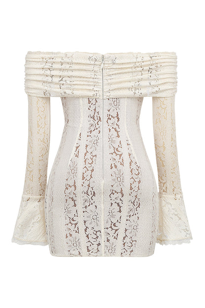 vintage cream floral lace off shoulder mini dress