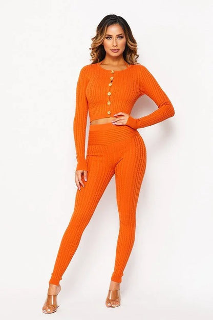 3 Pcs Cable Knit Legging Pant Set (Orange)