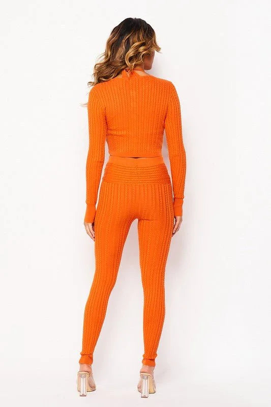 3 Pcs Cable Knit Legging Pant Set (Orange)