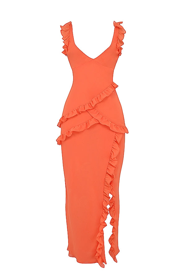 flame orange ruffle maxi dress