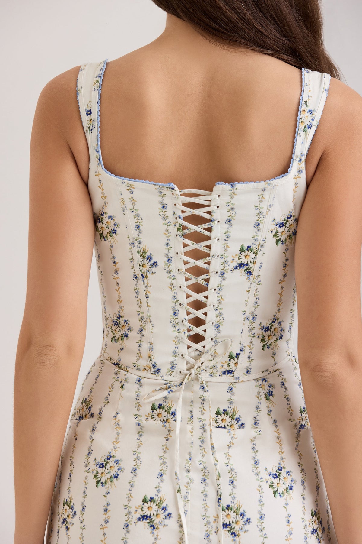 cream daisy print stretch cotton midi dress